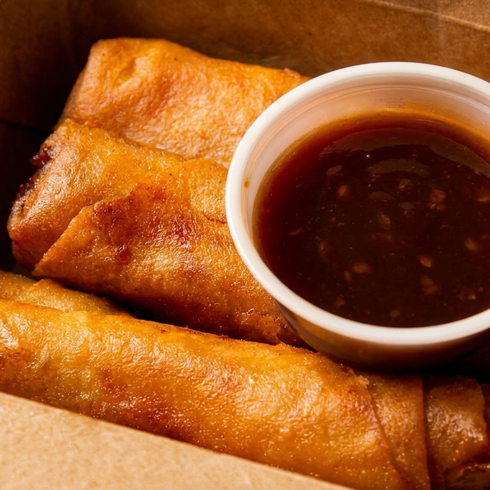 Golden-brown spring rolls and a small cup of dipping sauce in a brown takeout box.